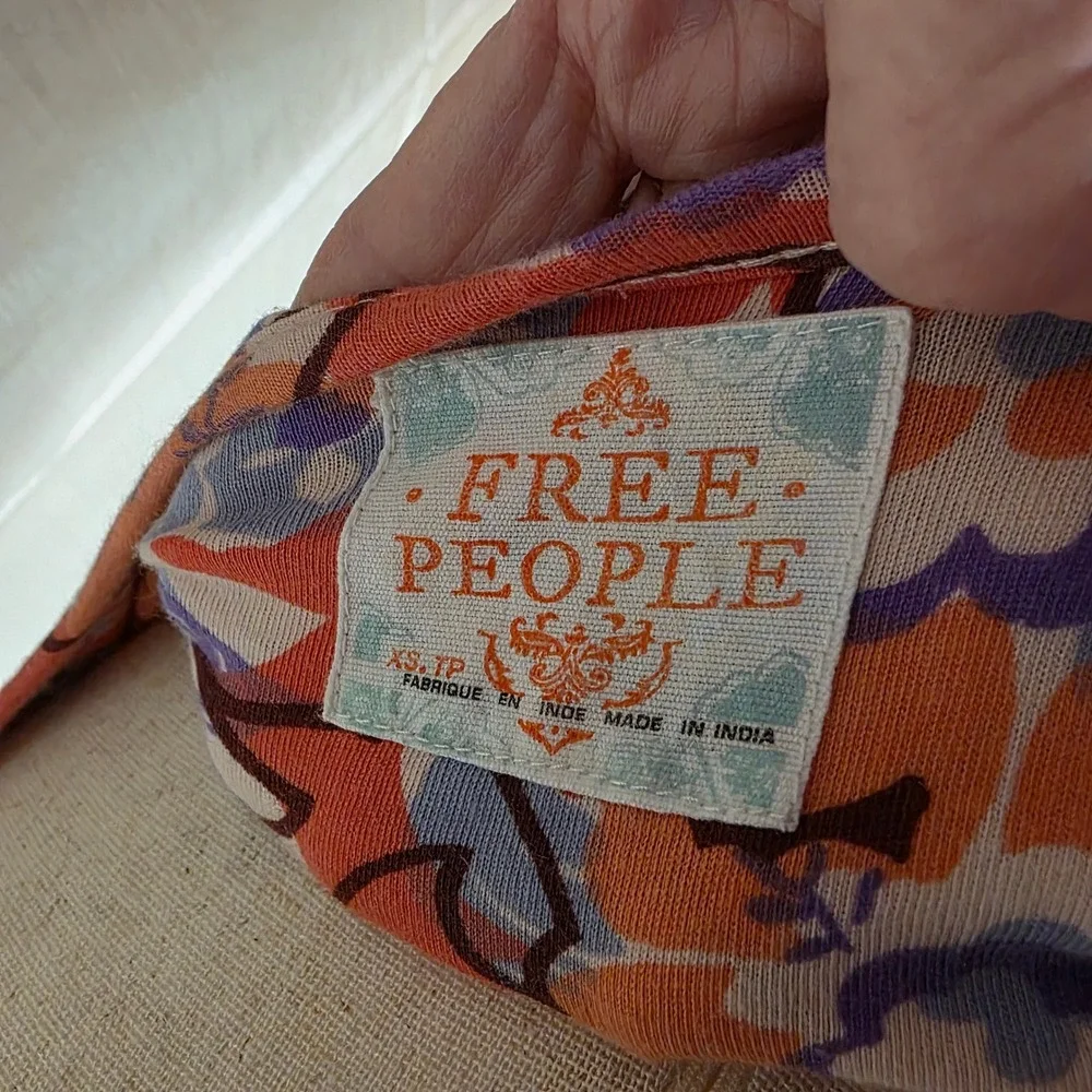 Free People Floral Paisley Beaded V-Neck‎ Tiered Mini Dress Orange Purple XS